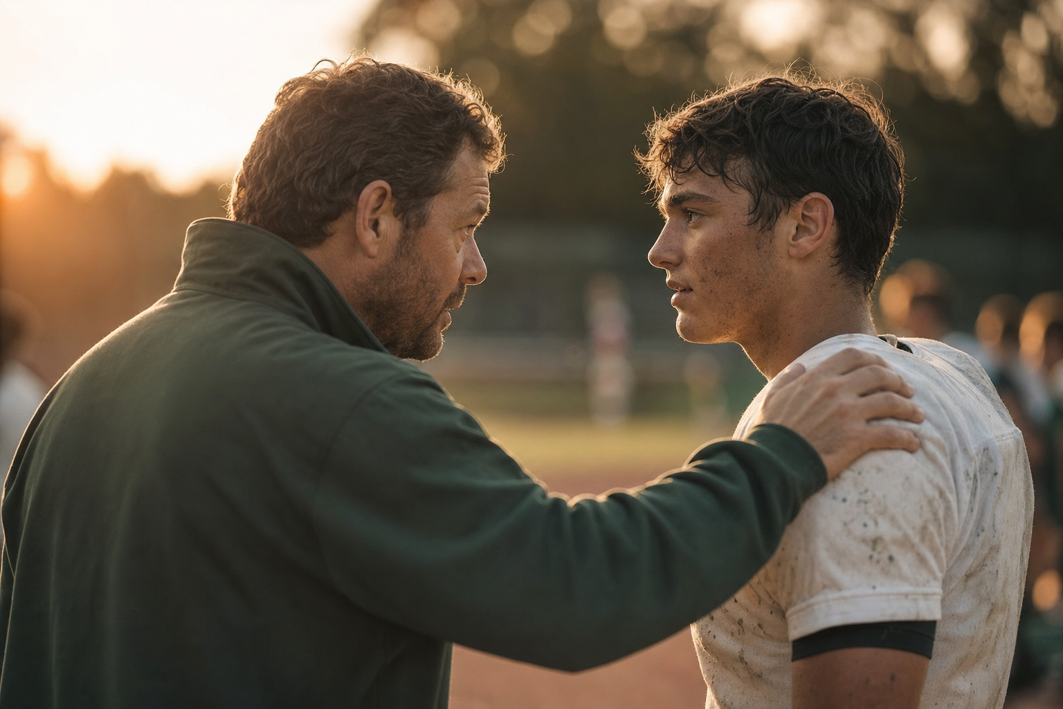 A mentor encouraging a young athlete on the sidelines at golden hour