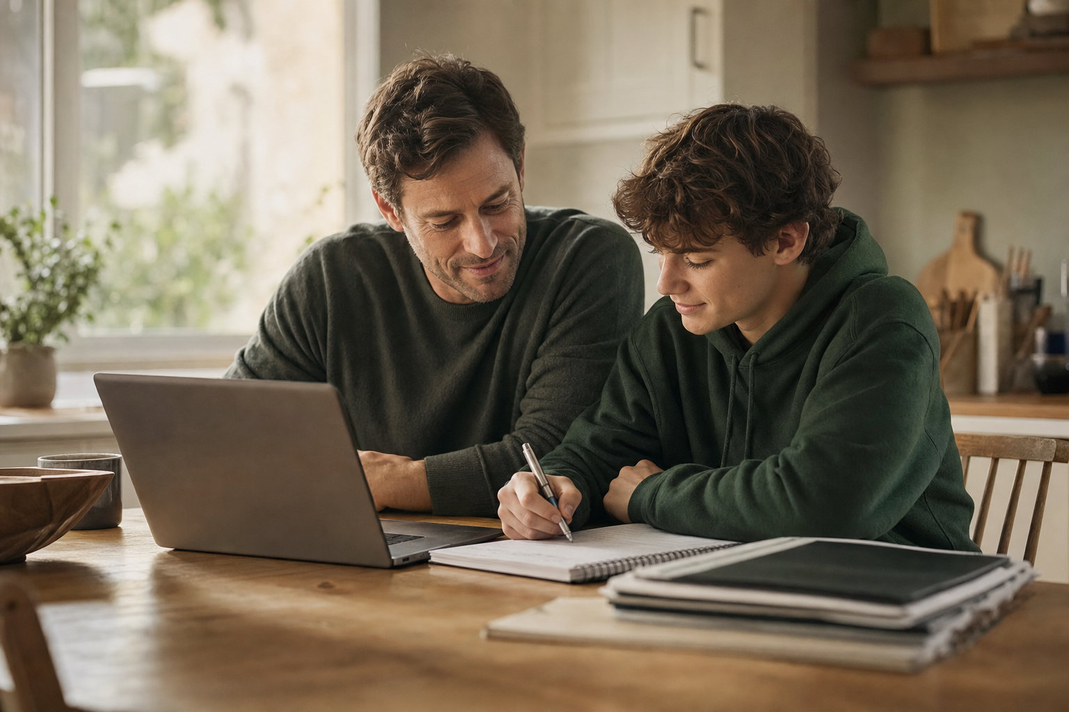 A parent and student-athlete planning together at a kitchen table