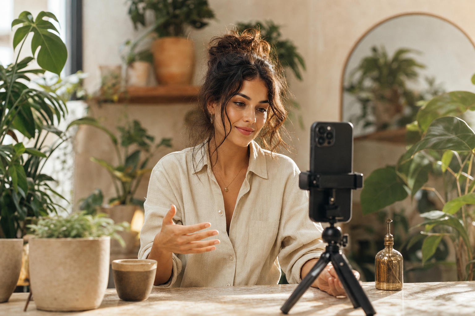 A young creator filming content in a bright, plant-filled space