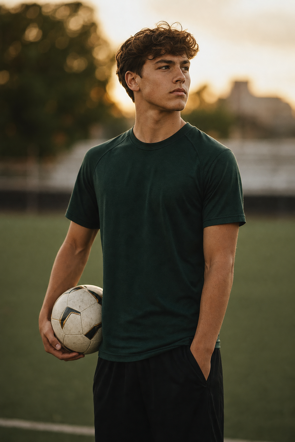 A confident high school student-athlete on the field at golden hour